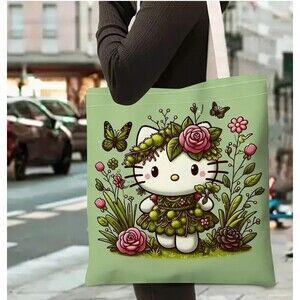 Large Canvas HELLO KITTY Green Reusable Bag 16" x 14" Butterfly